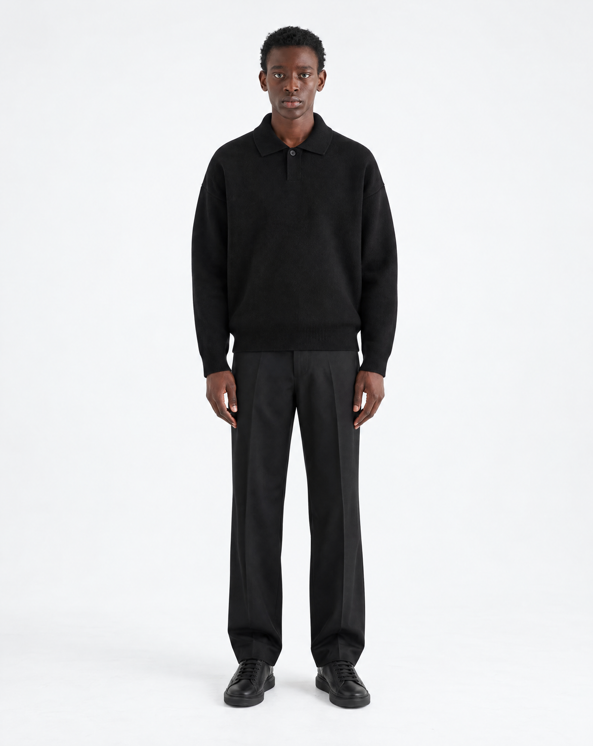 One-button Relaxed Knit Polo - Black
