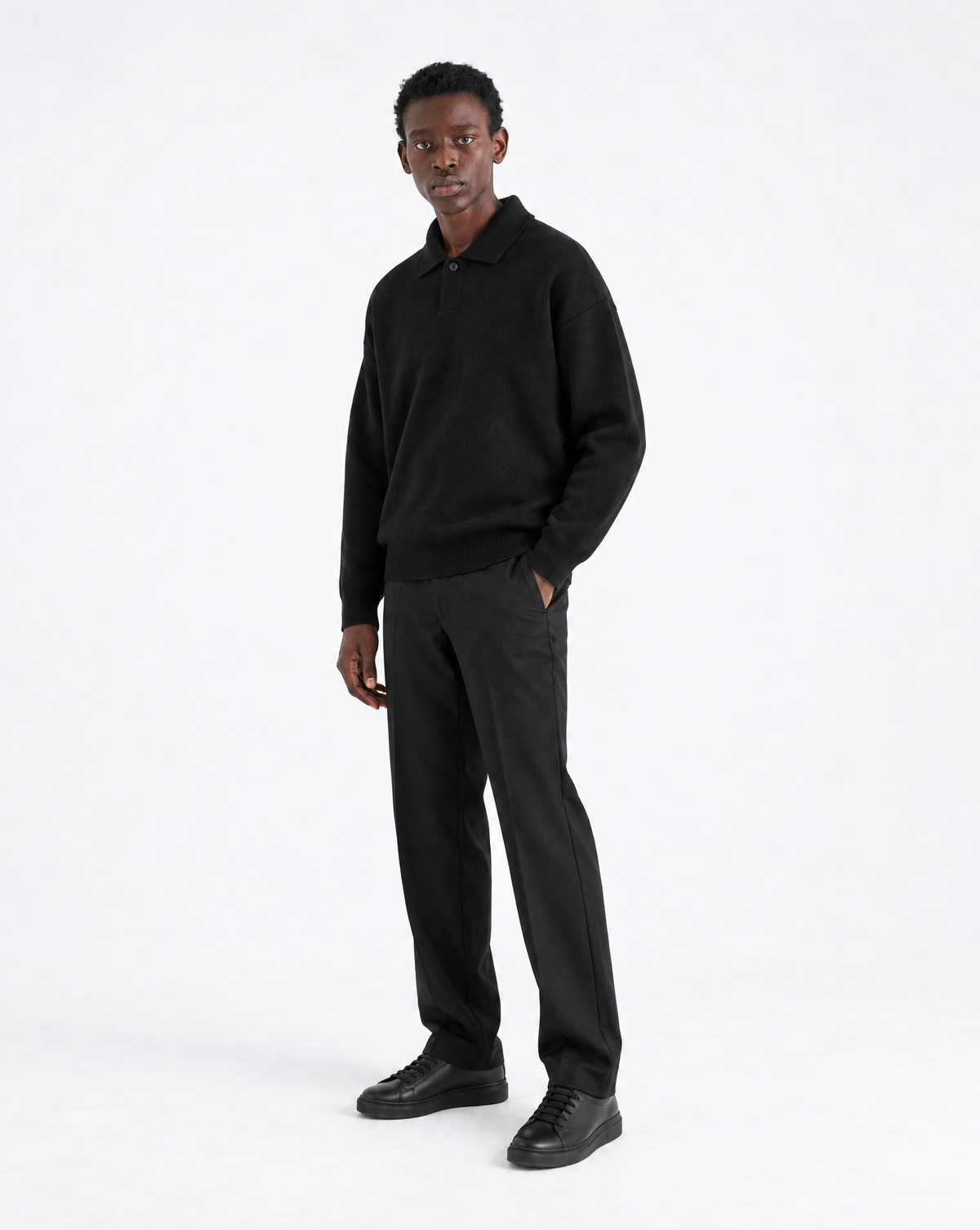 One-button Relaxed Knit Polo - Black