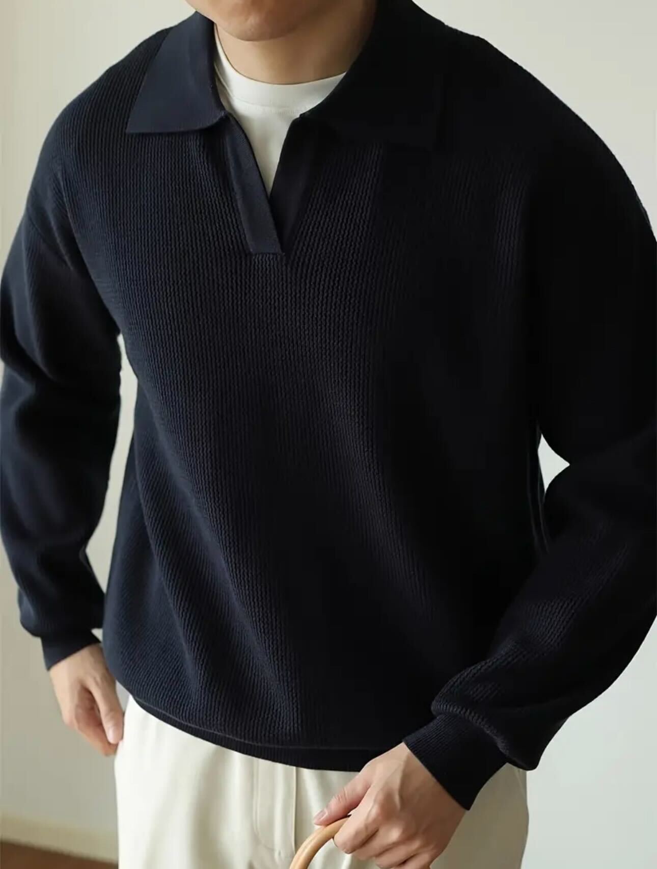 Ribbed Knit Polo - Black