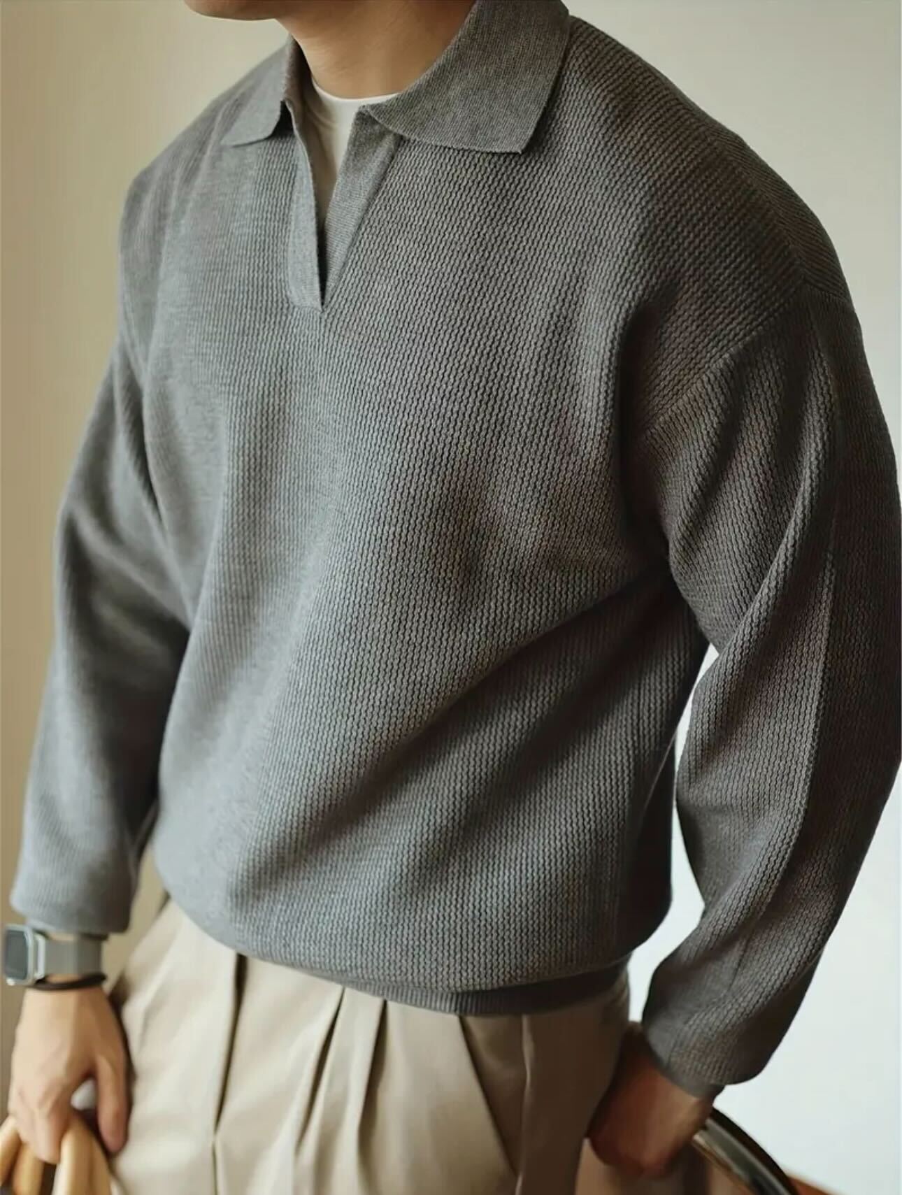 Ribbed Knit Polo - Grey