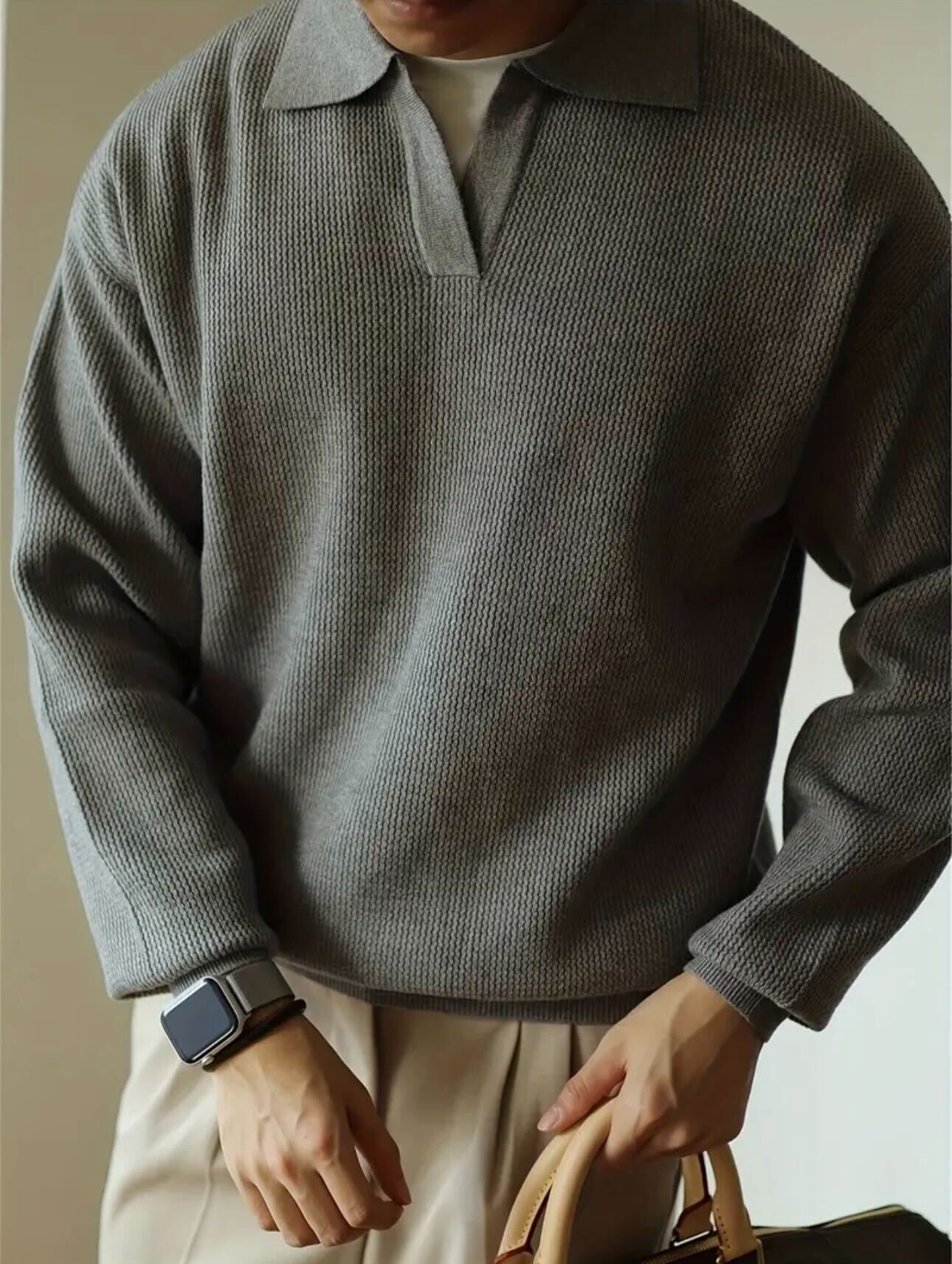 Ribbed Knit Polo - Grey