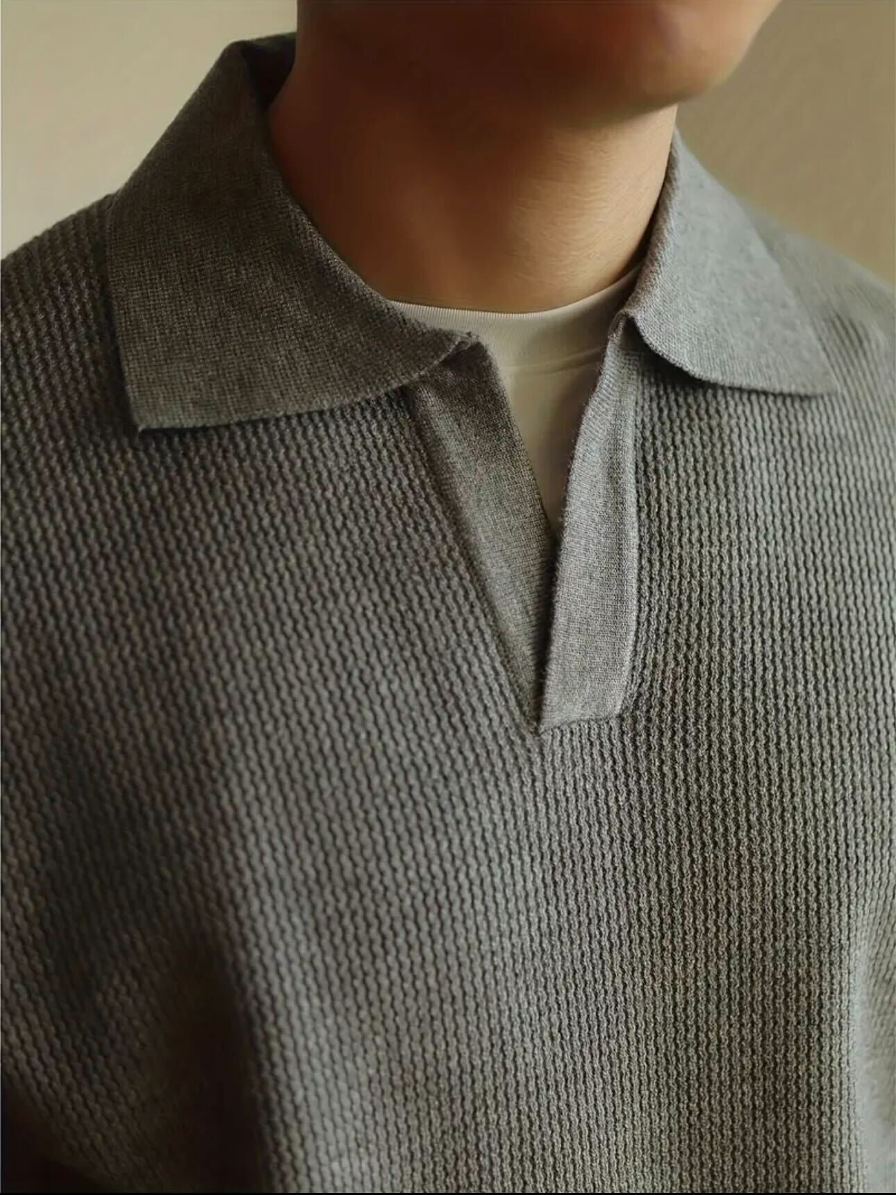 Ribbed Knit Polo - Grey